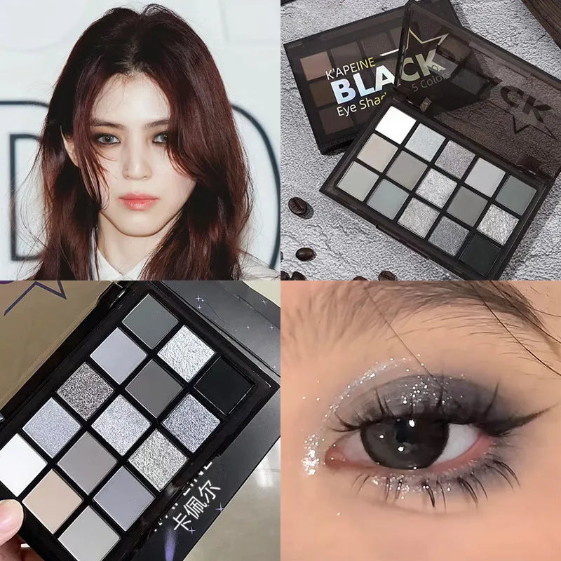 15-colour eyeshadow palette showing brown and blue tones with shimmer and matte finishes