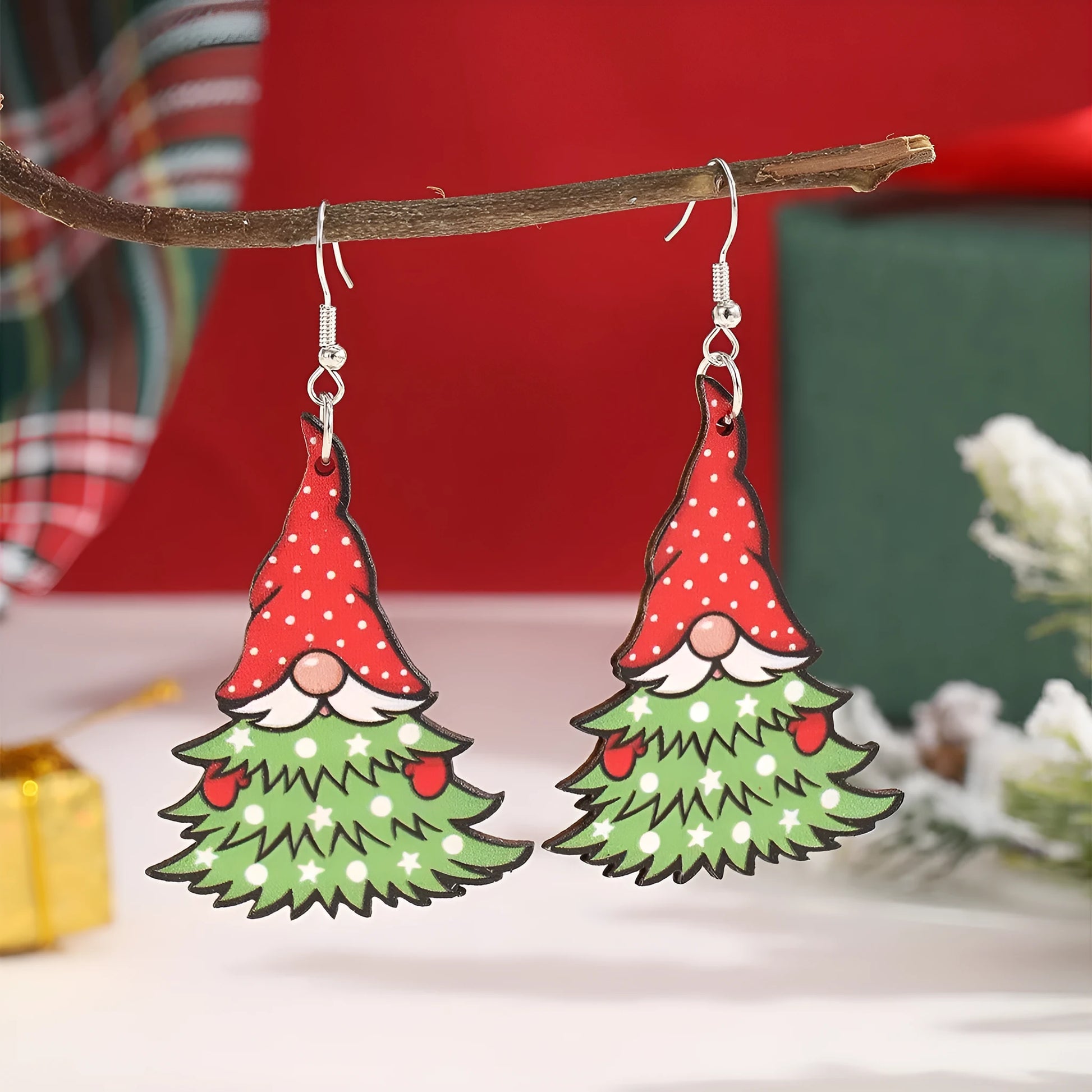 Geometric wooden Christmas earrings with printed Santa Claus motifs in Christmas tree and water drop snowman designs