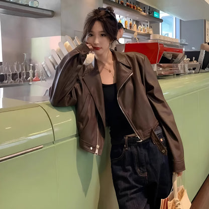 Women's brown retro slim fit leather coat jacket with pocket and regular sleeves