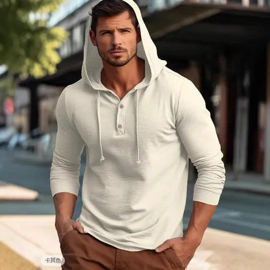 Men's casual sports hoodie top, pullover style in 100% cotton with long sleeves, available in six colours including dark blue, apricot and light green, in sizes M to XXXL suitable for European and American youth sizing