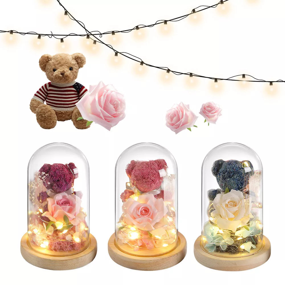 Eternal preserved rose and teddy bear gift box with warm LED lights
