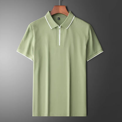 Men's slim fit lapel silk business casual short sleeve top in a cotton blend fabric.