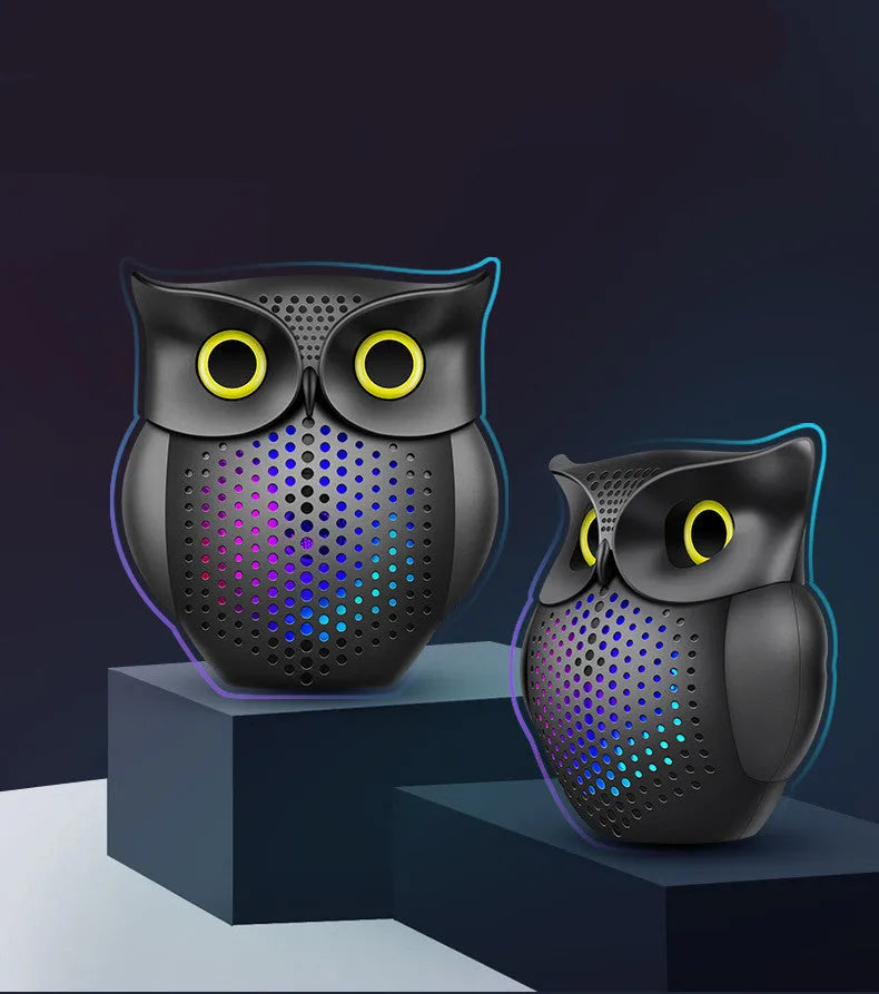 Black cartoon owl design wireless Bluetooth speaker measuring 4 inches tall with USB charging port
