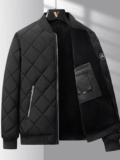 Insulated cotton jacket with rhombic-sewing design, available in khaki and black colors.