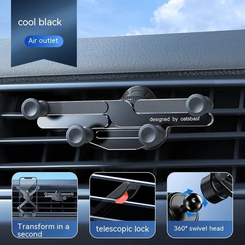 Aluminium alloy car mobile phone holder showing snap-on air vent clip and adhesive dashboard mount versions in black colour.