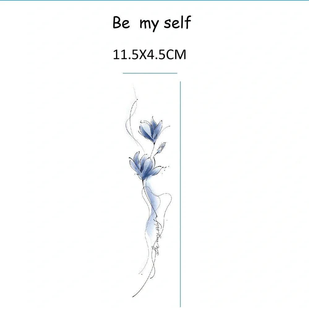Colourful arm flower temporary tattoo measuring 11.5x4cm with BEMYSELF Be Yourself pattern applied to forearm