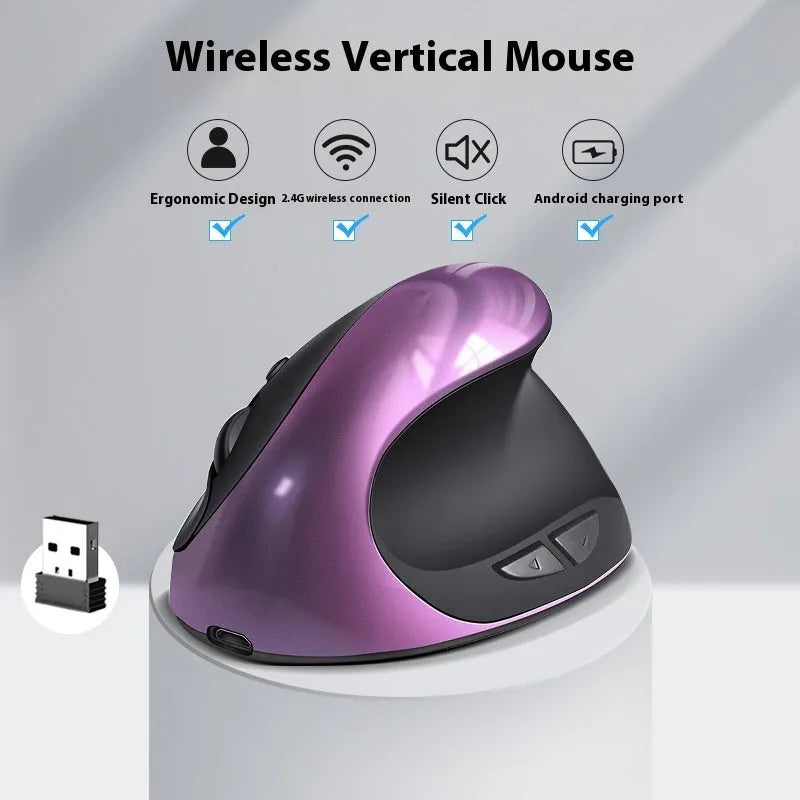 Ergonomic vertical wireless charging mouse for laptop with USB interface in multiple colour options including rechargeable black, blue, grey, purple, and red versions, designed with a photoelectric working mode and compact 103x60x73mm dimensions.
