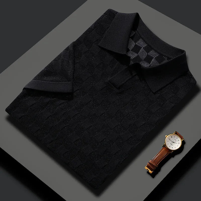 Men's mulberry silk short sleeve lapel sweater in a solid colour for business-casual wear.