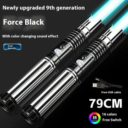 Metal rechargeable laser sword toy with gravity induction, 16 colour-changing lights, and 8 sound effects for children aged 7-14.