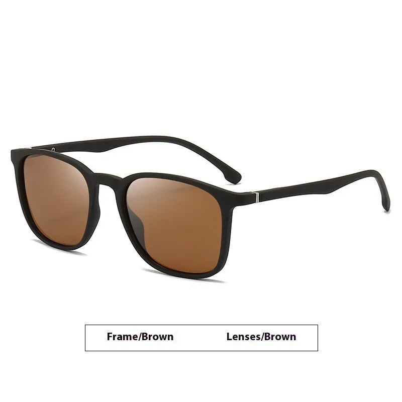 Men's polarised sunglasses with a PC frame and multiple lens colour options including dark green and grey.