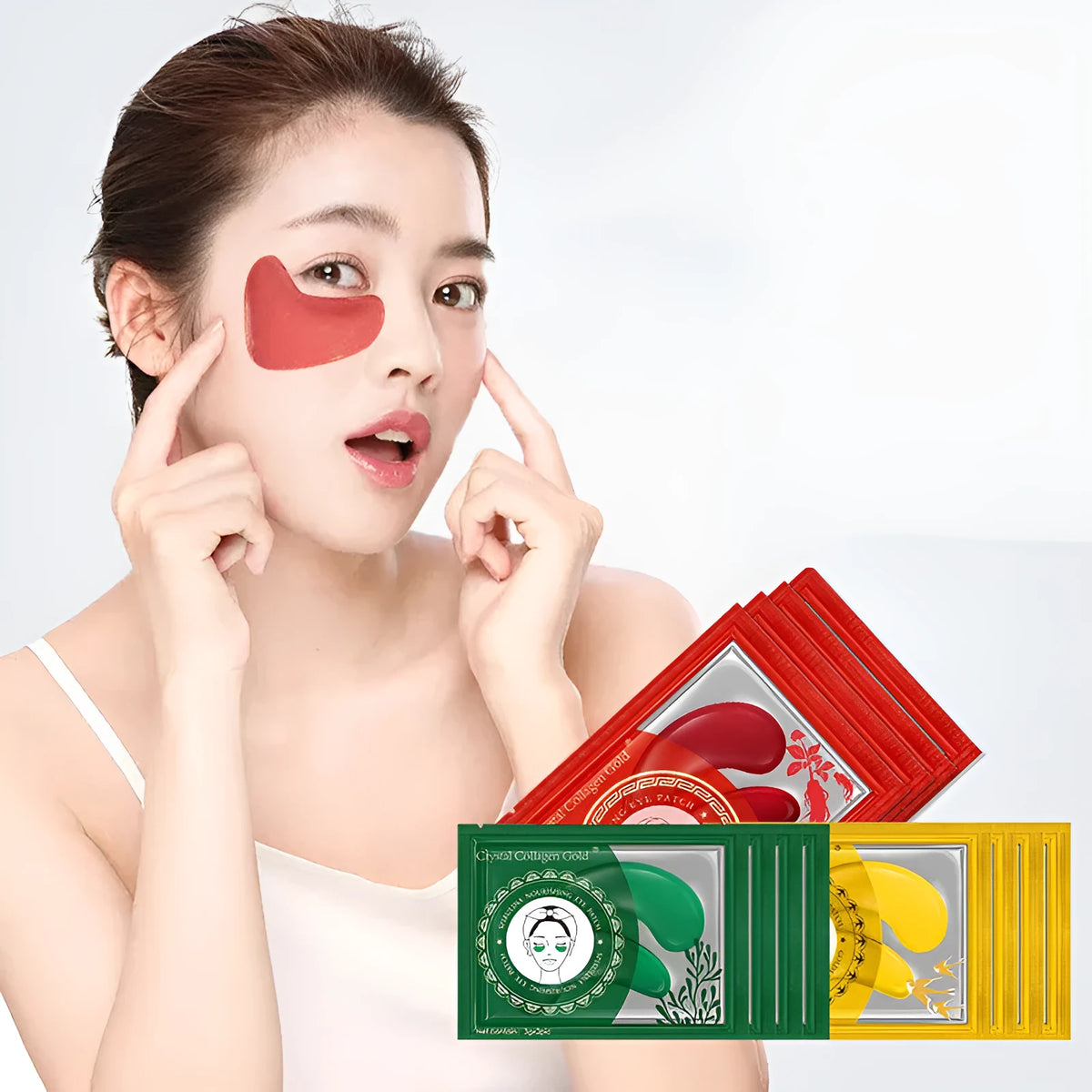 Collagen eye mask sheet with red ginseng, seaweed extract and sodium hyaluronate, 6g, Gold Green or Red