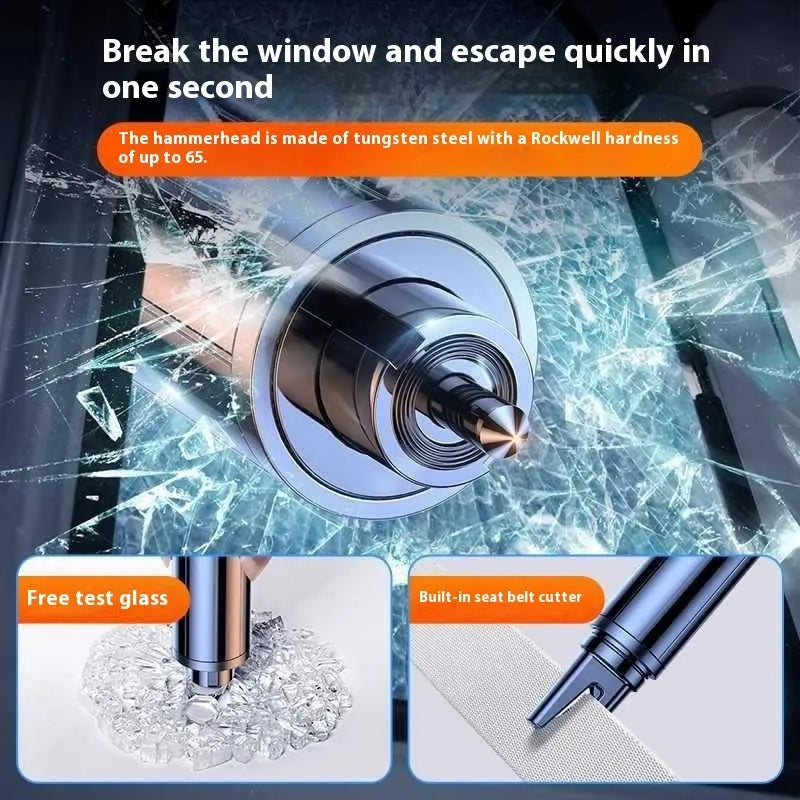 Car safety life hammer emergency tool with spring-loaded centre punch for breaking side windows made from black and red ABS plastic measuring 14.5cm in length with built-in seatbelt cutter and window breaker for vehicle escape situations.