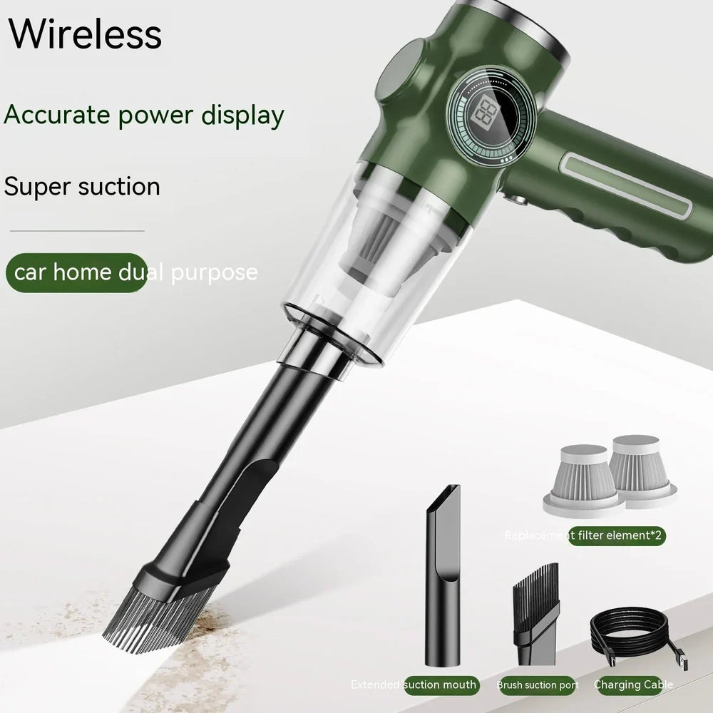 Black and green handheld vacuum cleaner with USB charging cable for car and home use