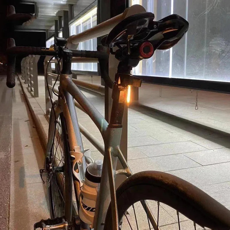 Waterproof USB rechargeable bicycle tail light in blue, pink, red, white, or yellow colours