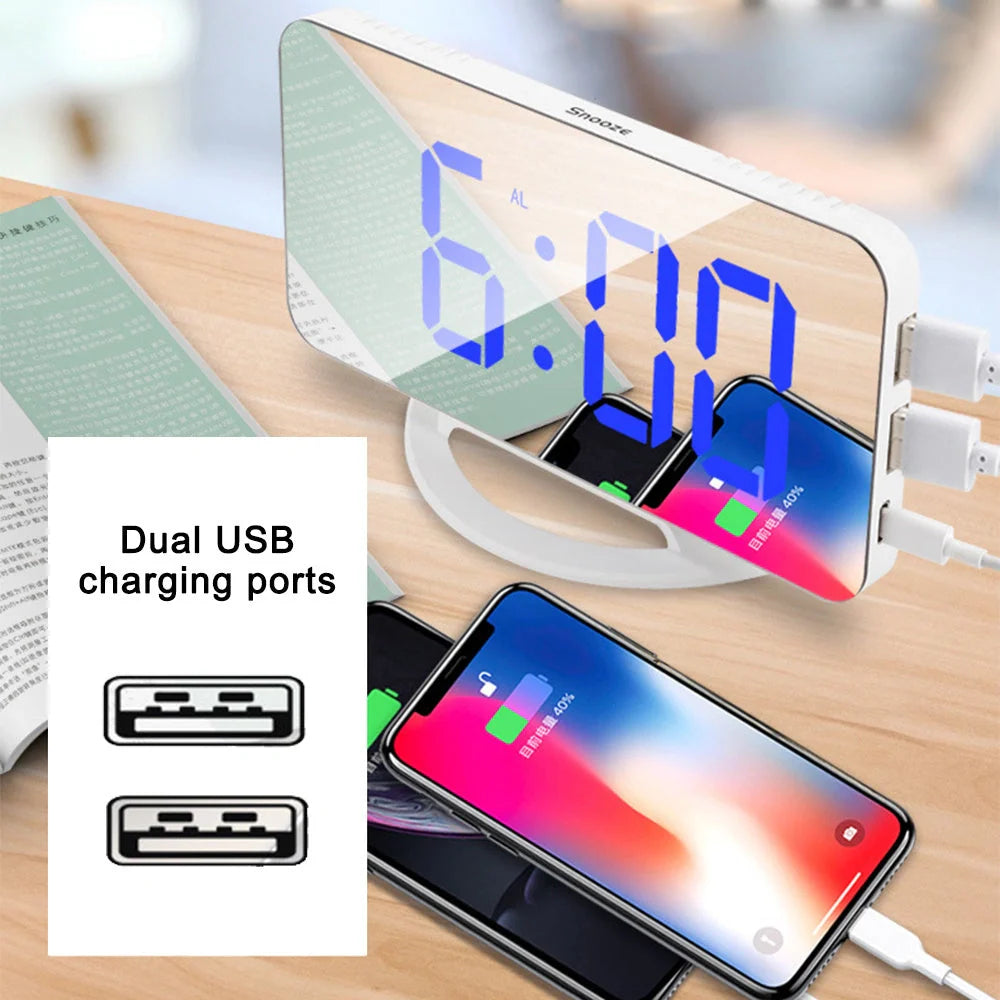 Digital Mirror Clock with adjustable LED display and dual USB ports