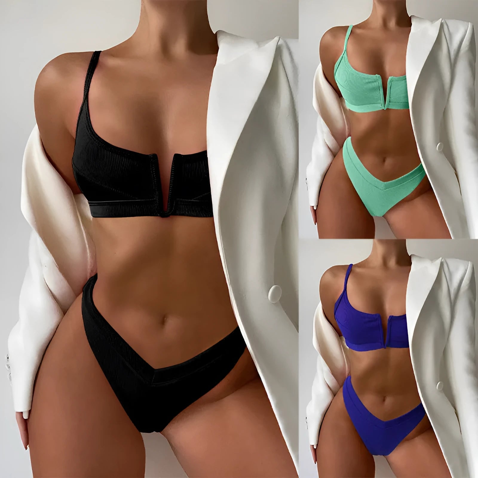 Women's high waist triangle top split short swimsuit in Army Green colour on a mannequin.