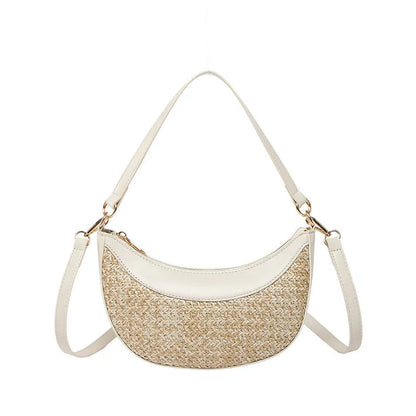 Women's straw crossbody dumpling bag in dumpling shape with contrast stitching details