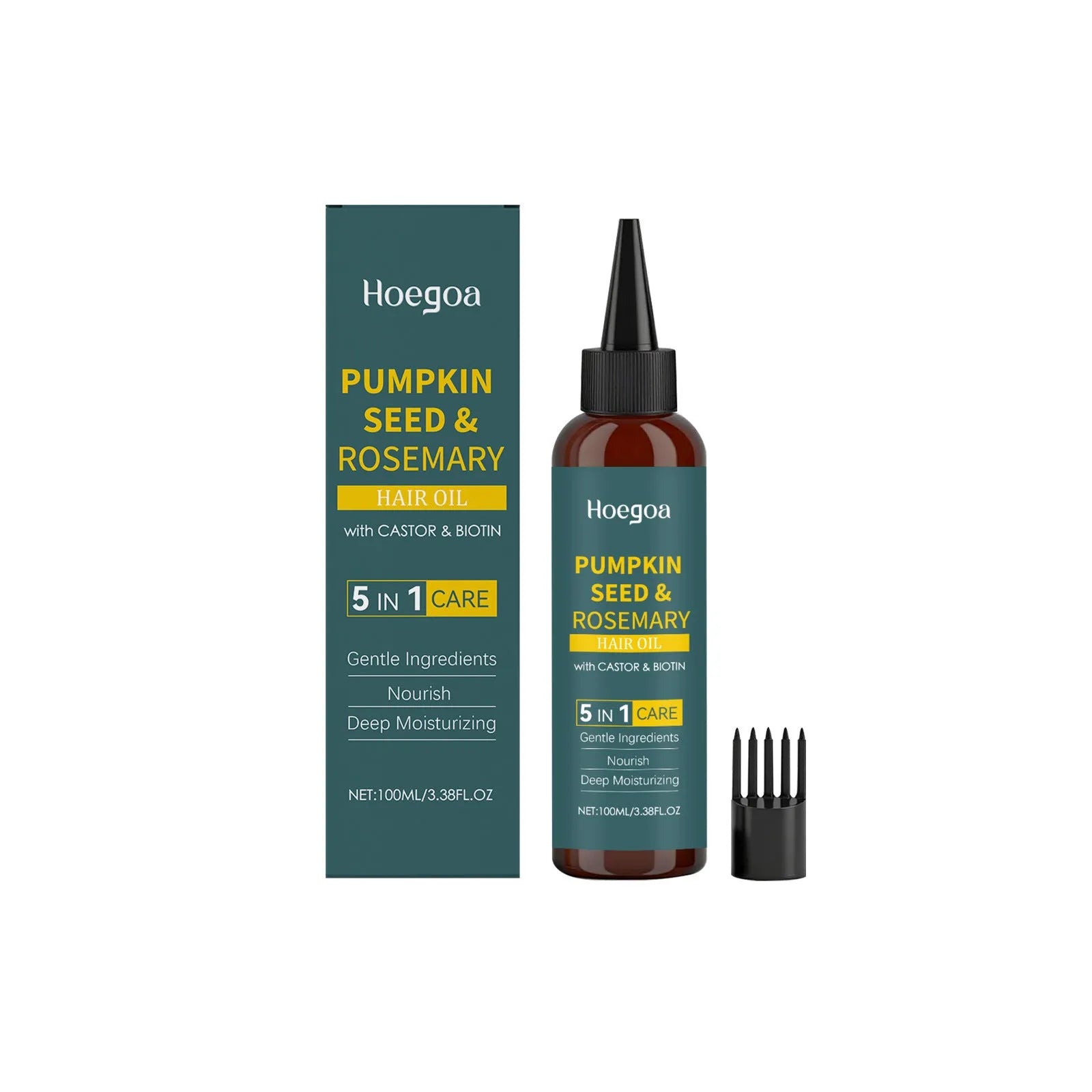 100ml rosemary essential oil bottle with pointed applicator nozzle and white detangling comb on wooden table