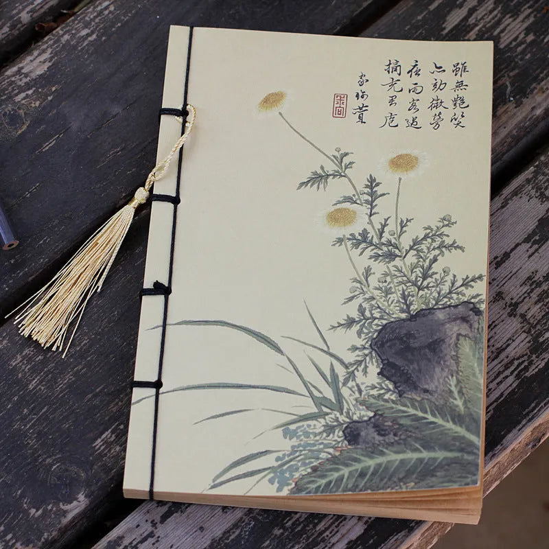 A5 antique wire-bound notebook with classical artwork cover, black oil wax rope binding, and decorative tassels