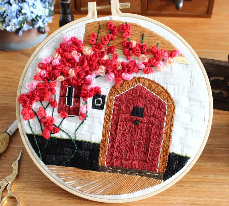 Handmade embroidery kit for architectural landscape courtyards in European style measuring 20cm, cotton cloth material with spring flower patterns ideal for Chunsheng projects and summer cooling scenes featuring villa or courtyard designs