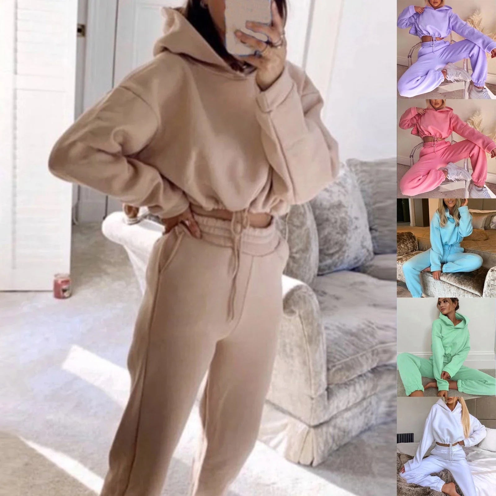Stylish 2-piece athleisure sets for women in a variety of vibrant colors, including pink, purple, black, blue, and more.