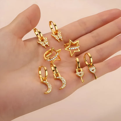 Women's copper geometric butterfly earrings with diamond treatment in heart, bow, and star shapes, multiple colour options