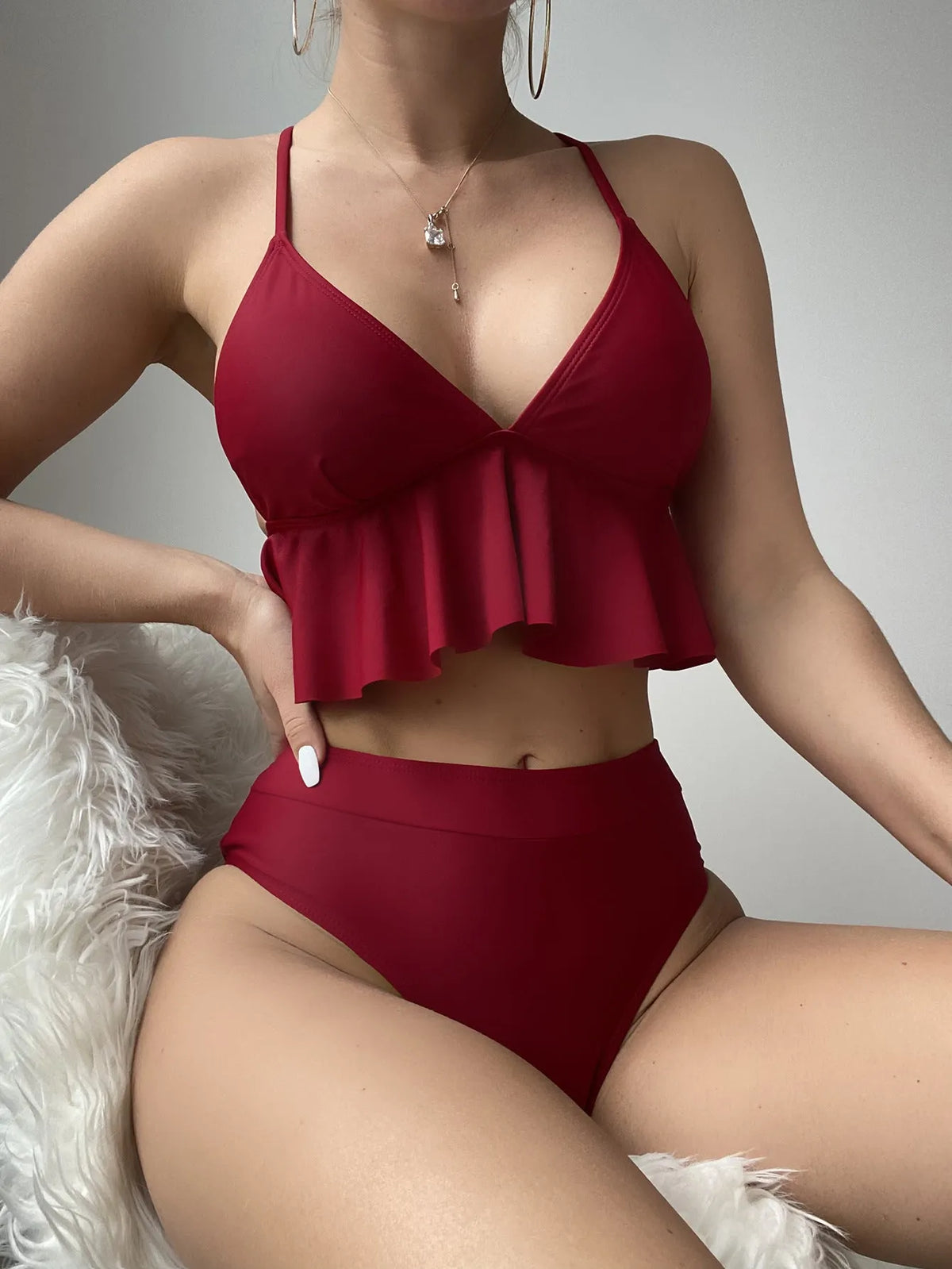 Women's solid colour split bikini swimsuit in black, army green, brick red or blue
