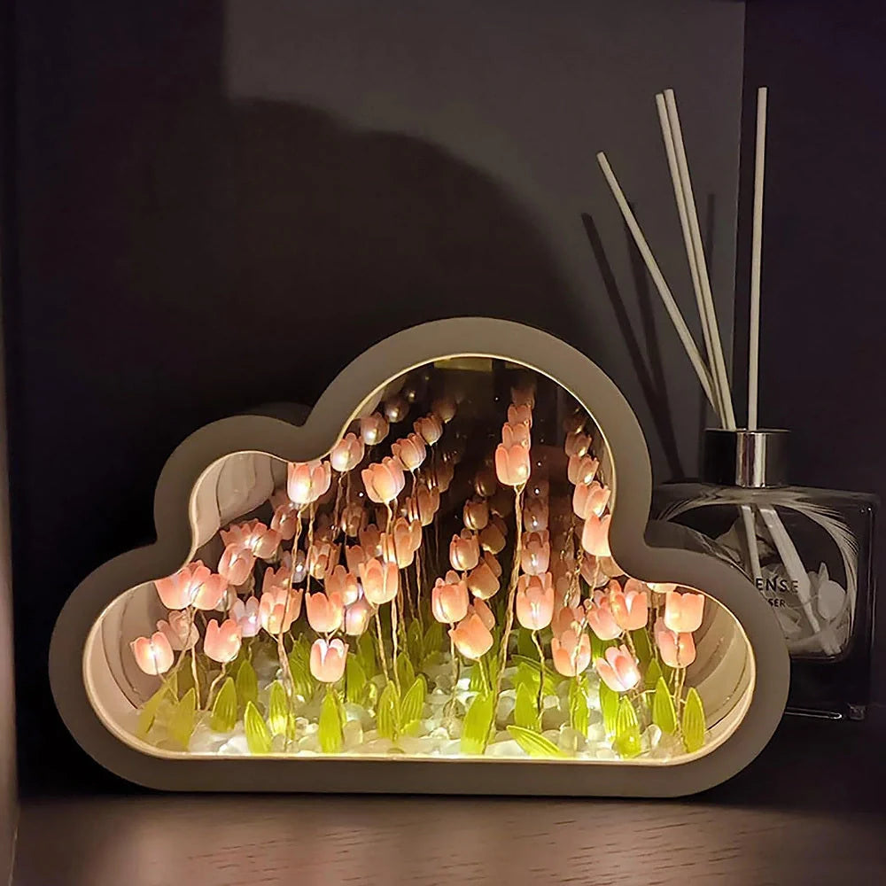 DIY Tulip Night Lamp with decorative mirrors and LED lighting in pink, purple, and blue
