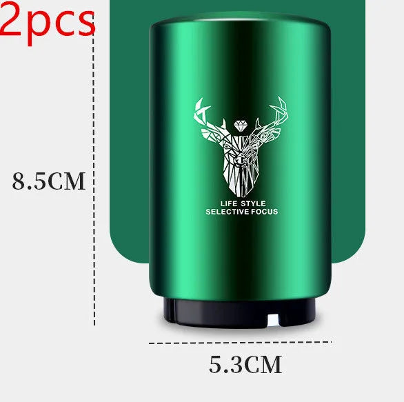 Stainless steel automatic bottle opener measuring 8.4 cm by 5.3 cm on a kitchen counter