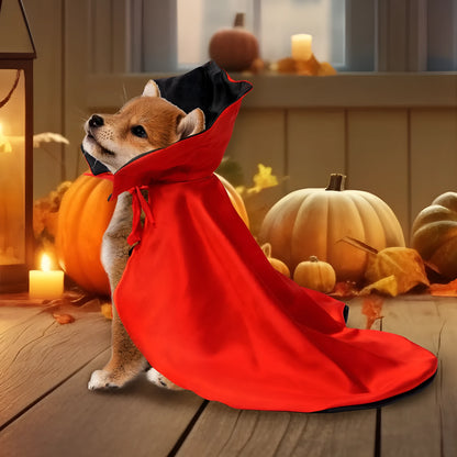 Red polyester Halloween cloak costume for a pet with an elastic neck closure.