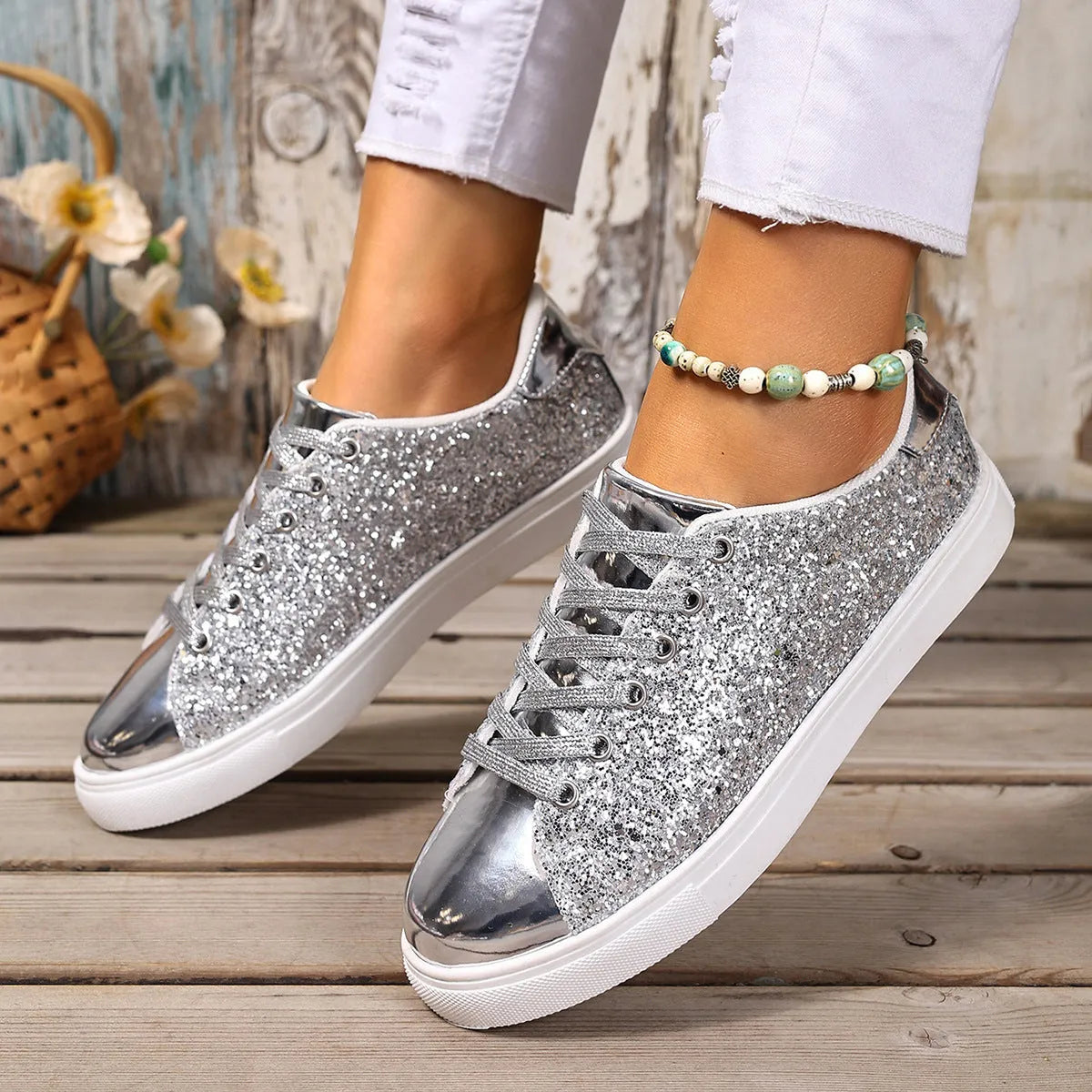 Women's plus size black board shoes with sequined front panel and lace-up closure