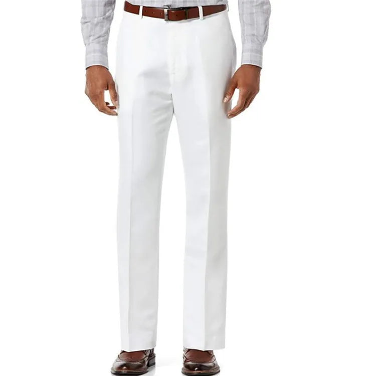 Men's beige white linen casual trousers with slant pockets laid flat
