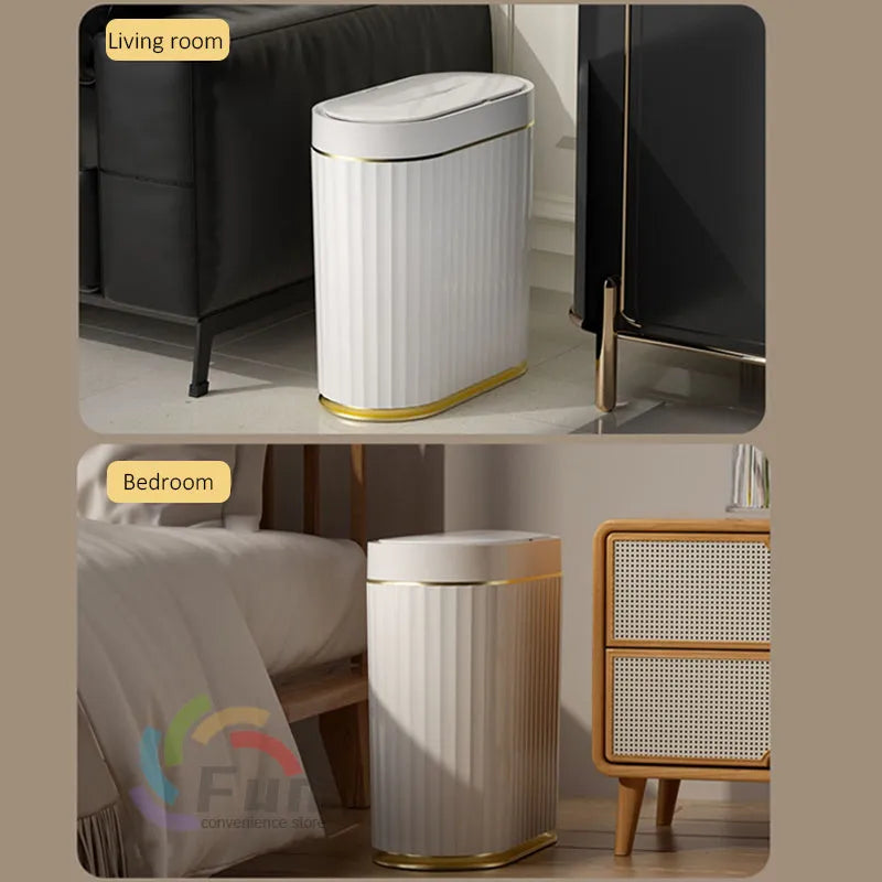 White smart induction trash can with automatic opening lid for kitchen or bathroom use