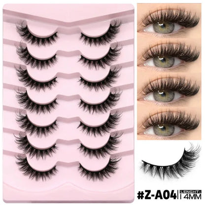 Box of natural false eyelashes with six style options, from subtle to thick volume, plus adhesive glue.