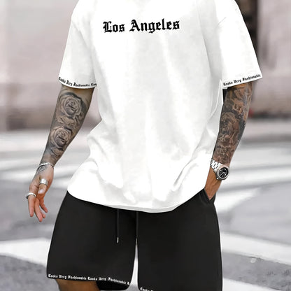 Man wearing a printed short-sleeve sports top and matching shorts in a quick-dry polyester blend.