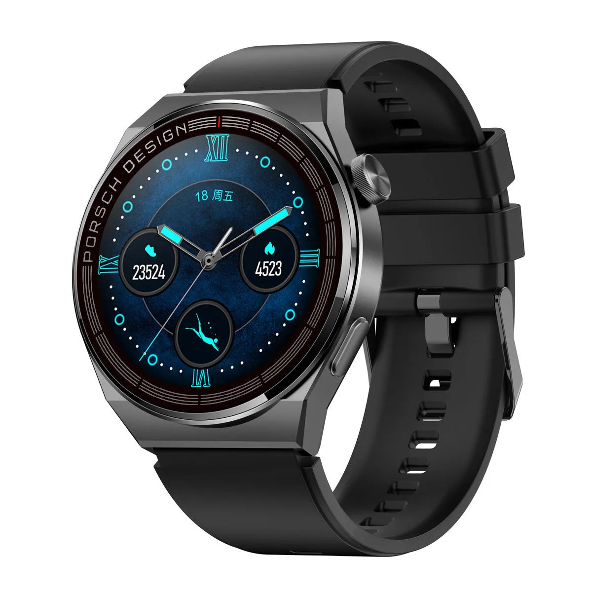 Black or silver smartwatch with a 1.39-inch glass screen on a silicone, steel, or leather-look strap.