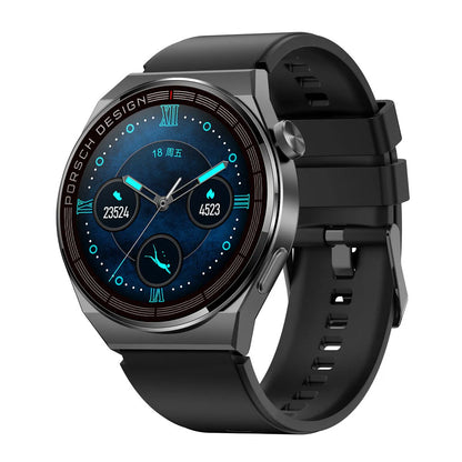 Black or silver smartwatch with a 1.39-inch glass screen on a silicone, steel, or leather-look strap.