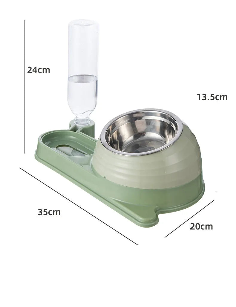 Brown elevated pet feeding bowl with attached water bottle for cats and small dogs on a wooden floor.