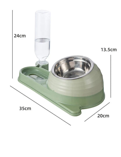 Brown elevated pet feeding bowl with attached water bottle for cats and small dogs on a wooden floor.
