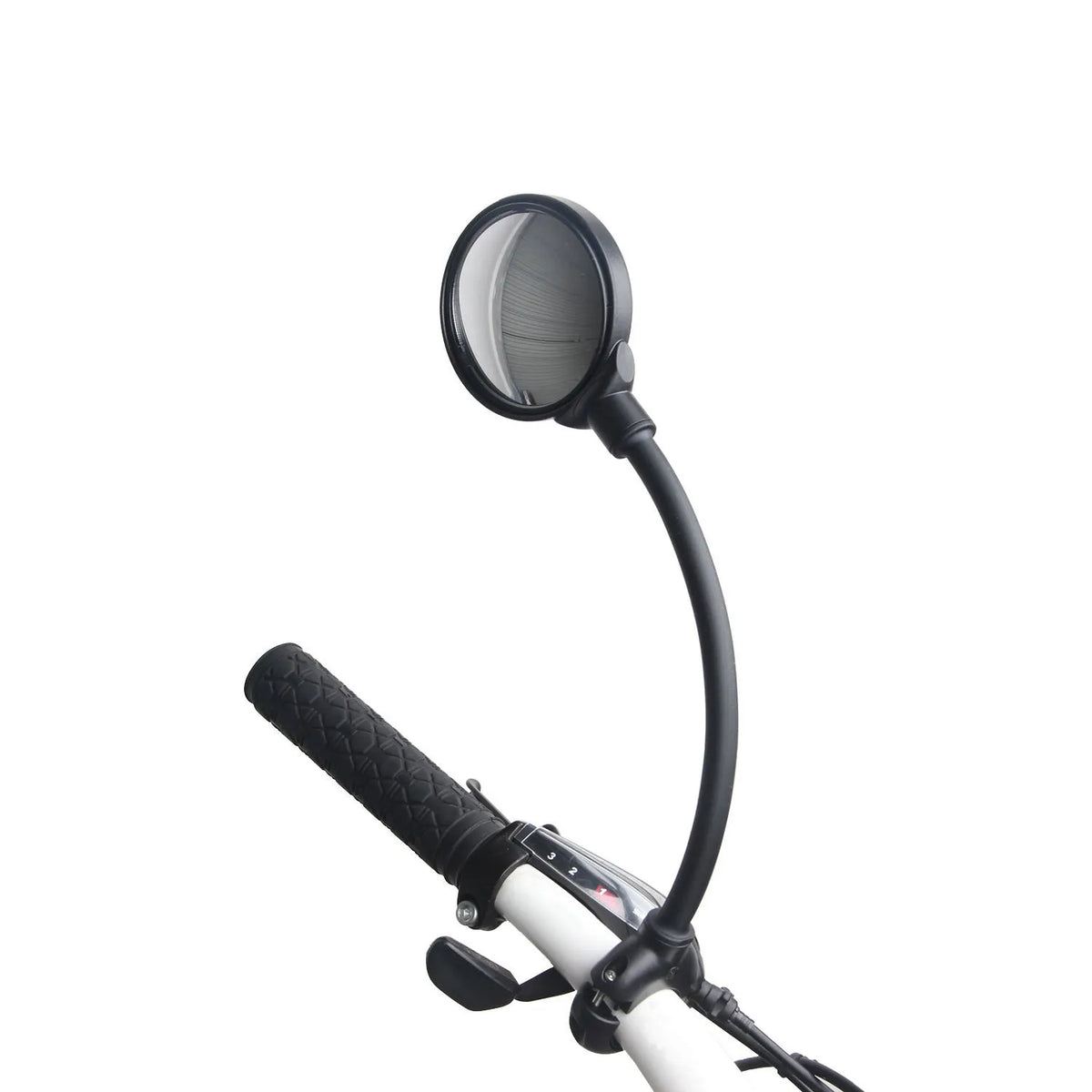 Black metal bicycle rearview mirror with hose adjustment mechanism for handlebar mounting