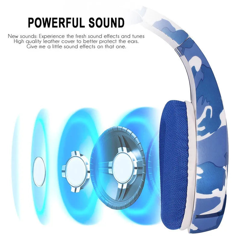 Wired computer and mobile phone gaming headset with 40mm speakers, 2.1 metre braided cable, 3.5mm plug, cloth earmuffs for voice chat, music, PS4 and PC gaming in camouflage blue or camouflage white with included adapter