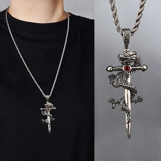 Dragon Sword Pendant Necklace with unique dragon or cross design on a 60cm hemp flower chain