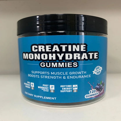 Bottle containing 120 raspberry-flavoured creatine monohydrate gummy tablets for muscle support supplementation