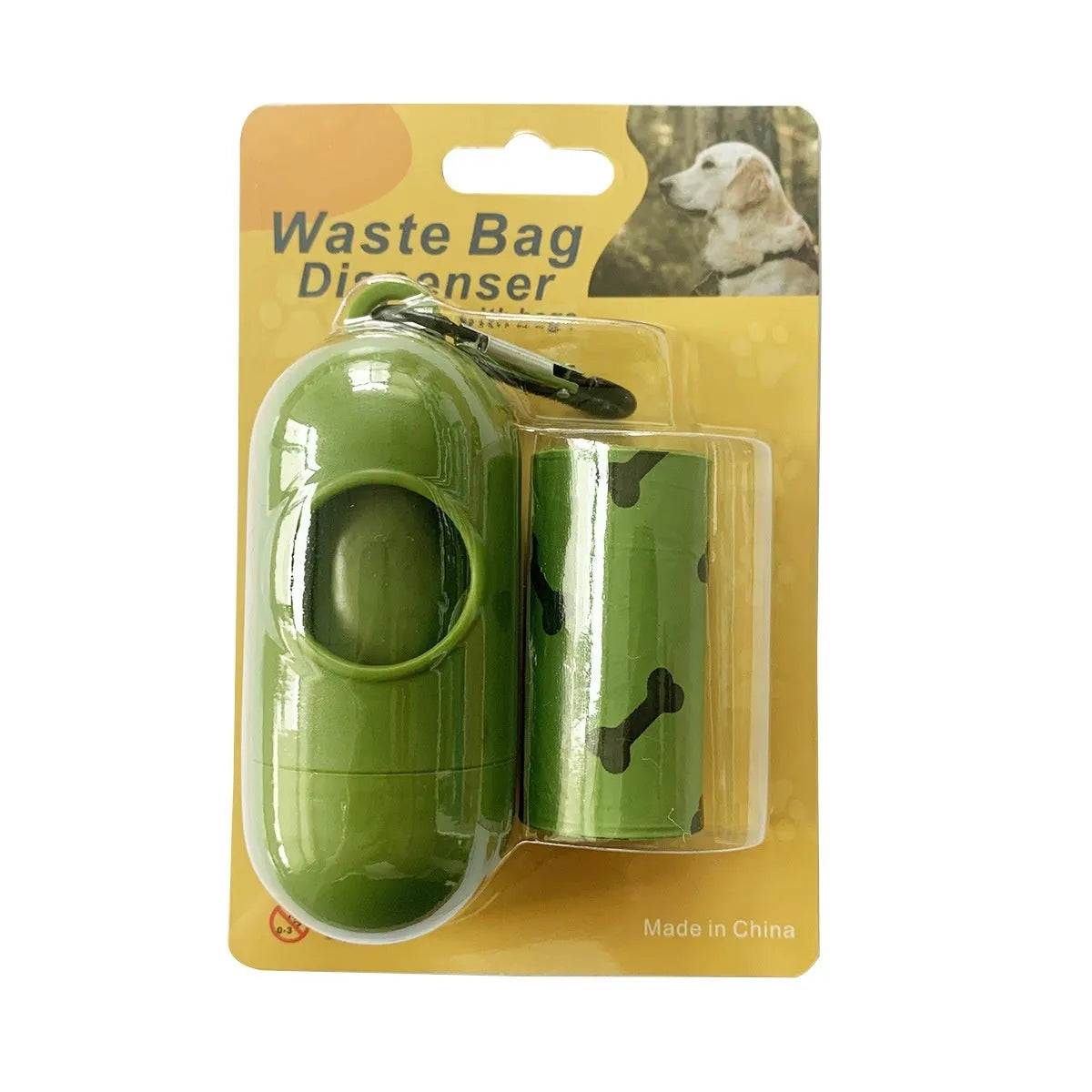 Roll of military green degradable dog poop bags with black bone print, shown next to a plastic dispenser.