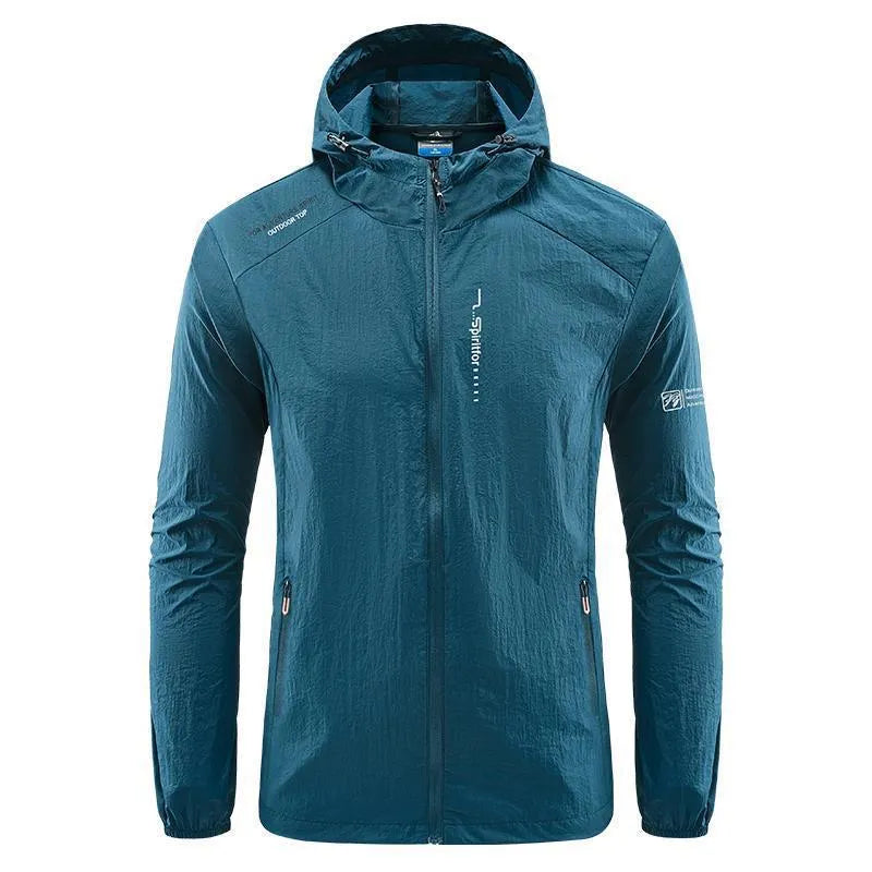 Men's lightweight nylon hooded jacket for sun protection in a loose fit, shown in dark blue.