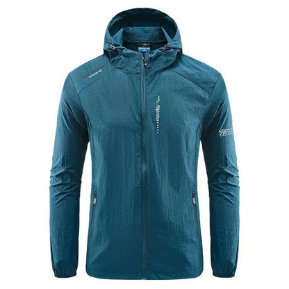 Men's lightweight nylon hooded jacket for sun protection in a loose fit, shown in dark blue.