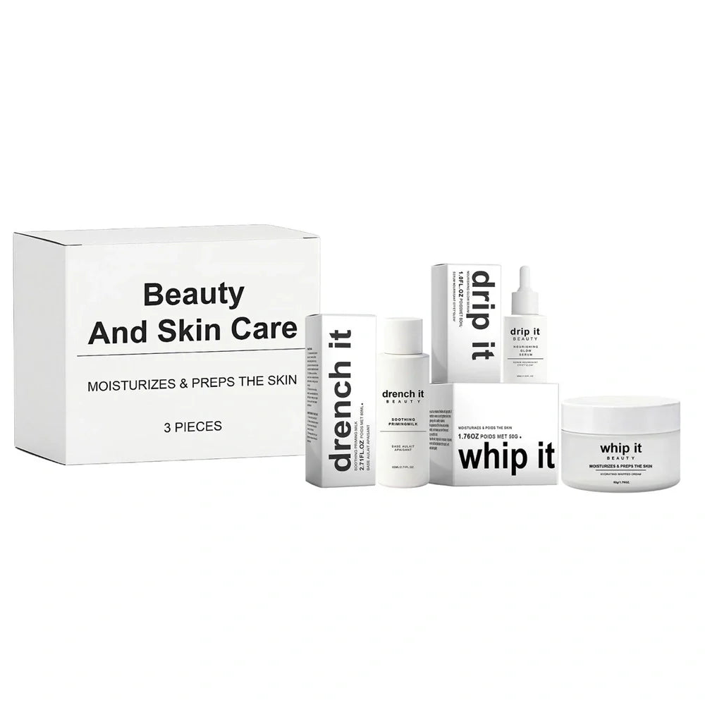 Three skincare products: firming facial essence, anti-wrinkle cream, and facial rejuvenation cream in coordinated packaging