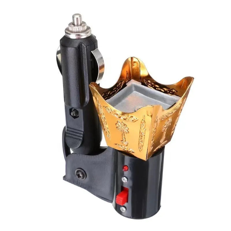 Car mounted plug-in incense burner in metallic finish with classical design for vehicle aromatherapy