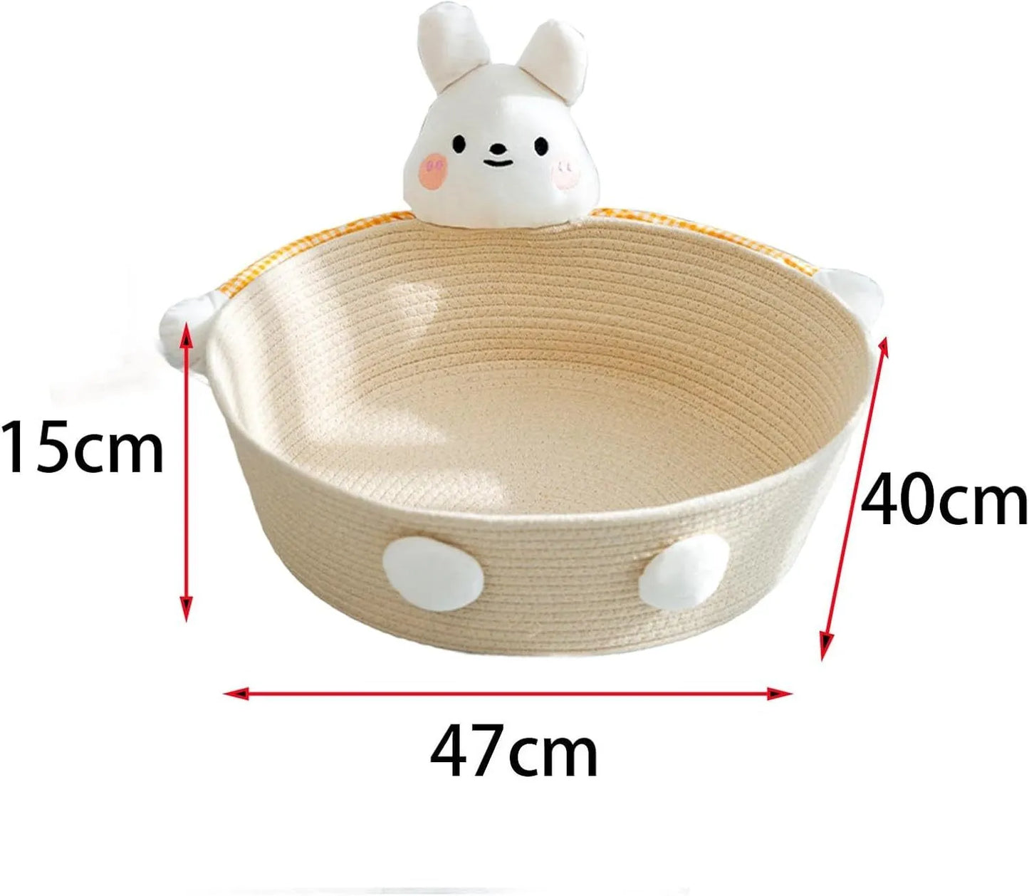 Woven cotton rope basket cat bed with integrated scratching edges for cats and small dogs.