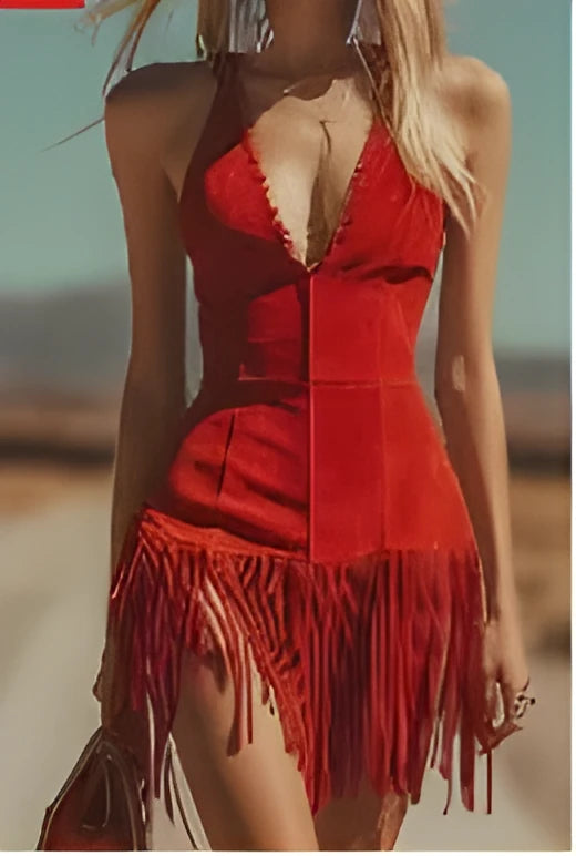 Red women's western style vest dress with V-neck, button front and fringe detail, summer mini dress.